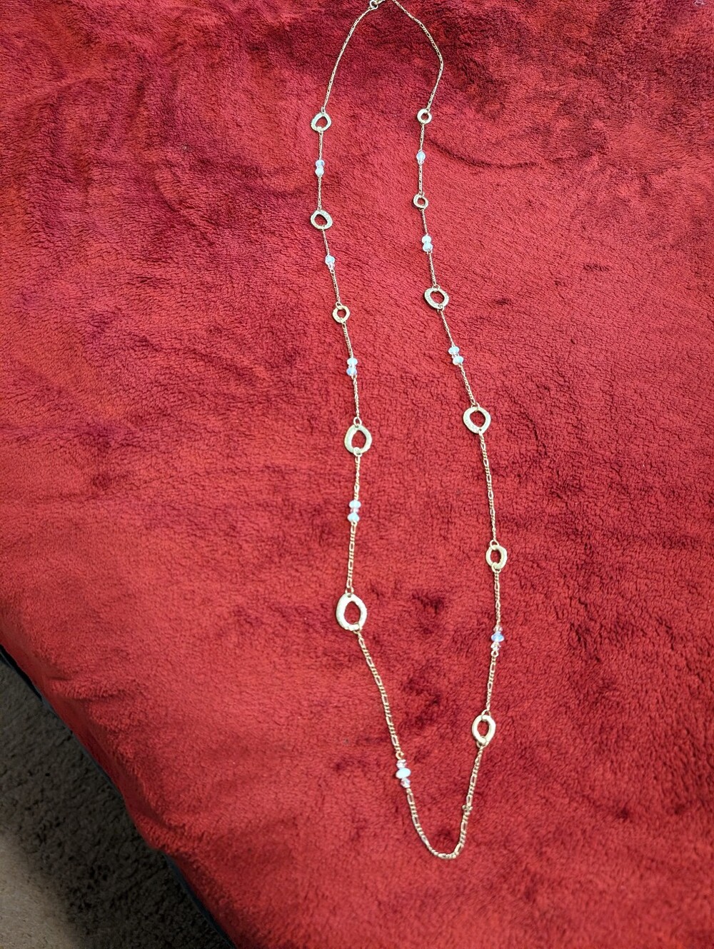 Delicate Gold Long Necklace with White Bead Accents